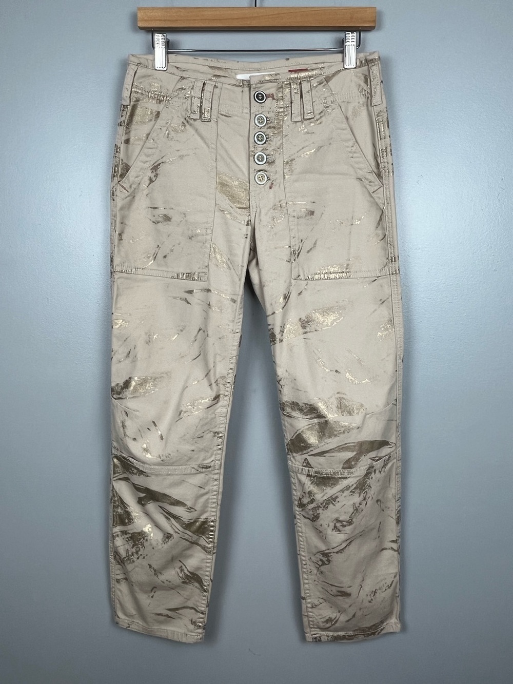 By Anthropologie The Wanderer beige & gold button fly straight leg pants, 26.